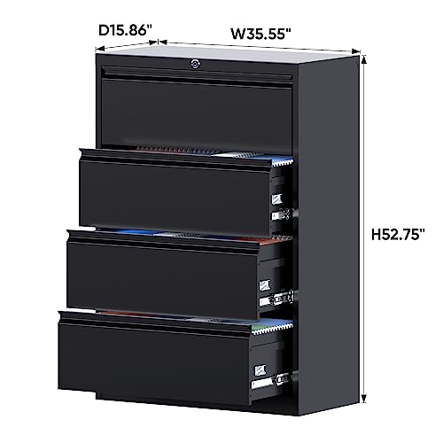 JAORD 4 Drawer Metal Lateral File Cabinet, Locking Steel Filing Cabinet for Home Office - 4 Draw Wide-Black