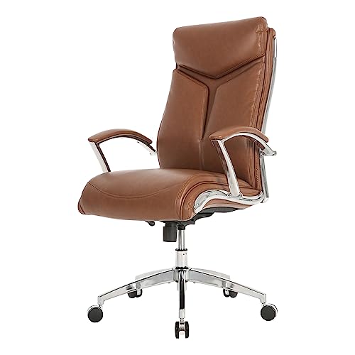 Realspace Modern Comfort Verismo Bonded Leather High-Back Executive Chair, Brown/Chrome
