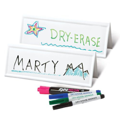 Set of 100 Space-saver Reusable Name Cards - WHITE, dry-erase tent, 8.75" x 3"