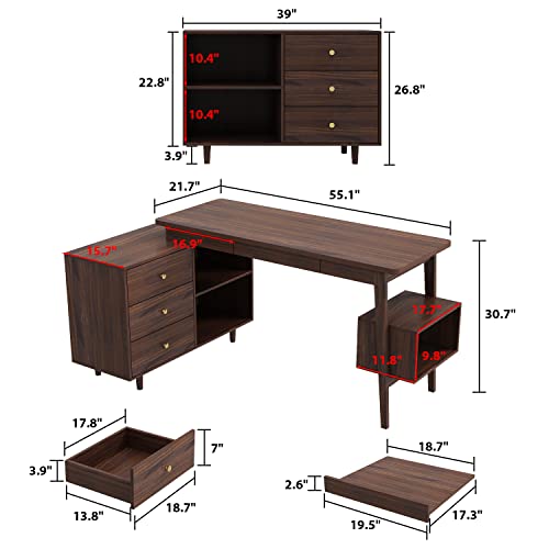 Homsee L-Shaped Executive Desk with Drawers, Shelves, Keyboard Tray & Storage Cabinet, 55 Inch - Deep Brown