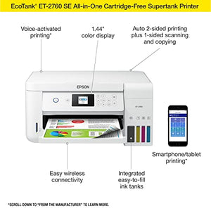 Epson EcoTank ET-2760 All-in-One Supertank Wireless Color Inkjet Printer, White - Print Scan Copy - 10.5 ppm, 5760 x 1440 dpi, Auto 2-Sided Printing, Voice Activated, 1.44" LCD, Memory Card Slot