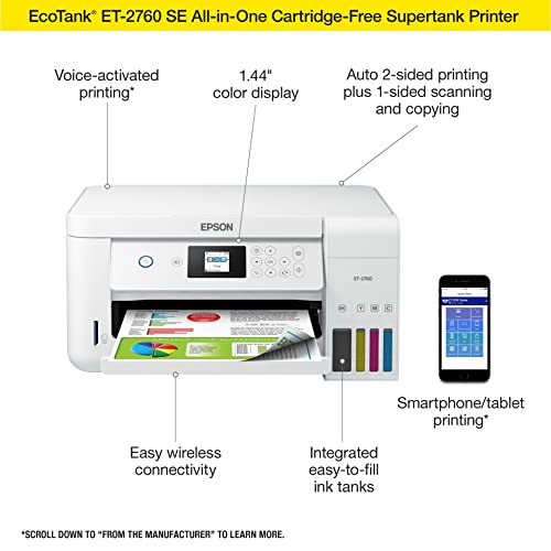 Epson EcoTank ET-2760 All-in-One Supertank Wireless Color Inkjet Printer, White - Print Scan Copy - 10.5 ppm, 5760 x 1440 dpi, Auto 2-Sided Printing, Voice Activated, 1.44" LCD, Memory Card Slot