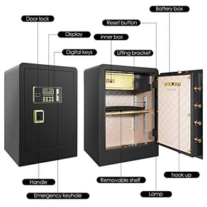 ETE ETMATE 4.0 Cub Large Safe Box Fireproof Waterproof, Digital Home Safe with Fireproof Document Bag, Double Safety Key Lock and LCD Screen, Built In Cabinet Box, Removable Shelf, LED Light, Money Safe for Home Office Hotel (Black, US STOCK)