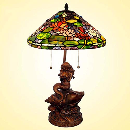 Yd&h Tiffany Style Desk Light, 17-inch Stained Glass Table Lamp with Water Lily Mermaid Base, Living Room Cafe Bedroom Bedside Light, E27, W60