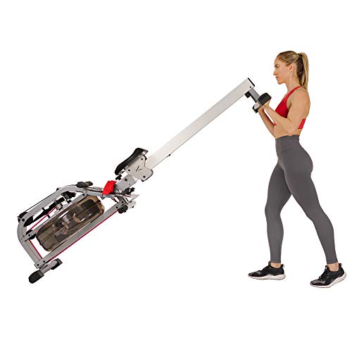 Sunny Health & Fitness Water Rowing Machine Rower w/ LCD Monitor, 265 Max Weight, Adjustable Footpads and Foldable 48" Aluminum Slide Rail - SF-RW5866, Gray