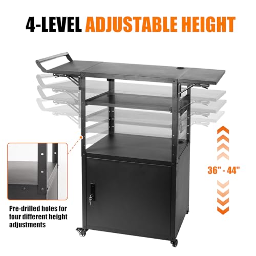 TooCust Large Steel AV Cart with Drop Leaves, Locking Cabinet, Height Adjustable, Pullout Keyboard Tray, Power Strip - Mobile Workstation for Office, Classroom & Warehouse