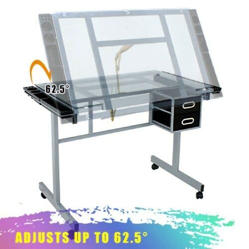 9TRADING Adjustable Hydraulic Salon Stool Chair + Drawing Desk Drafting Table Glass Top