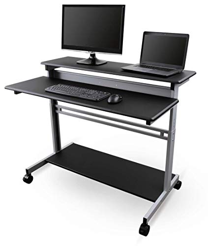 Stand Up Desk Store Rolling Adjustable Height Two Tier Standing Desk Computer Workstation (Silver Frame/Black Top, 48" Wide)