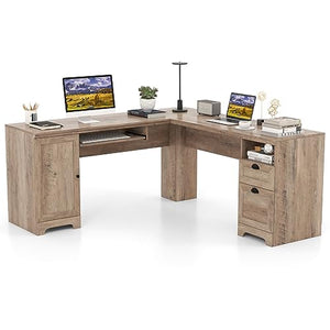 Tangkula L-Shaped Office Desk with Keyboard Tray, Storage Drawers & Cabinet