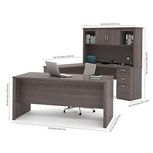 Pemberly Row 66" U-Shaped Desk with Hutch, File, and Bookcase in Bark Gray