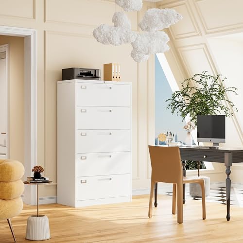 STANI 5 Drawer Metal File Cabinet with Lock - White, Home Office Lateral Filing Cabinet