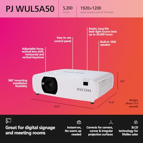 RICOH Compact 3LCD Laser Projector | 5200 Lumens | 1920x1200 WUXGA | 30-300" Screen Size | 360° Installation | 30k Hours | 16W Speaker