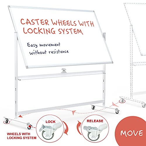 Large Mobile Rolling Magnetic Whiteboard - 60 x 46 Inches Height Adjust Double Sides Portable White Board on Wheels, Dry Erase Board Easel with Stand for Office, Home & Classroom