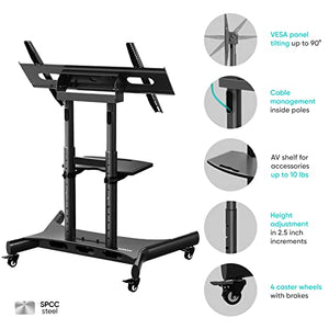 ONKRON Mobile TV Stand for 50-83 Inch TVs, Height Adjustable with Shelf, 90° Tilt, Rolling Cart - VESA 800x500, Portable Black Stand