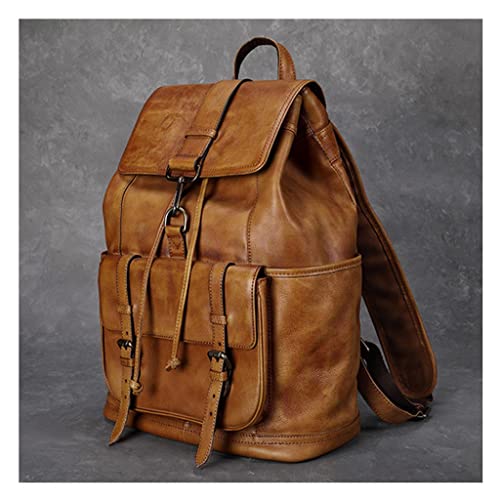 ADIE Retro Men's Large Capacity Backpack，Men Portable Genuine Leather Laptop Bag，First Layer Cowhide Travel、Business、Student Daypack (Color : Brown, Size : 14inchs)