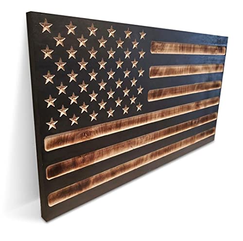 San Tan Woodworks Carved Burnt Wood Concealment American Flag. American Concealment Cabinet for The Home (Burnt)