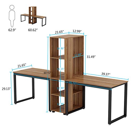 Tribesigns Double Computer Desk with Bookshelf, 91.7 Inches Extra Long Two Person Desk with Storage Shelves, Writing Desk Workstation for Home Office (Brown)