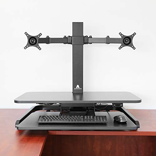 AdvanceUp Electric Ergonomic Standing Desk Converter Riser, 2 Tier with Dual Swivel Monitor Mount Black, Motorized Height Adjustable Stand Up Computer Station, 33lbs Capacity