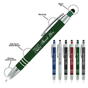 Promotional Pens with your Personalized Text or Custom Business Logo- Bulk 100 Pack- 3 in 1 Rubberized Metal Luxury Ballpoint Pens + LED Night Writer Flashlight + Stylus for Touchscreens, Assorted