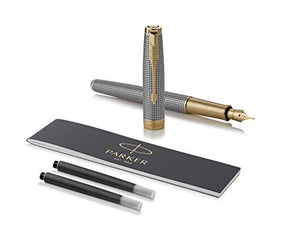 PARKER Sonnet Fountain Pen, Prestige Chiseled Silver with Gold Trim, Solid 18k Gold Medium Nib