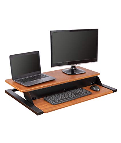Stand Up Desk Store AirRise Power Pro Two-Tier Standing Desk Converter/Sit Stand Desk - Turn Any Desk Into a Stand Up Desk/Adjustable Desk (Electric Adjustment | 32" Wide | Black) (36", Teak)