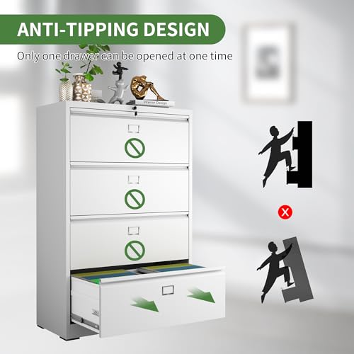 VIYET Lateral File Cabinet with Lock, 4 Drawer Metal Filing Cabinet - White