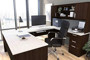 Bestar Ridgeley U-Shaped Executive Desk with Pedestal and Hutch 65W in White Chocolate