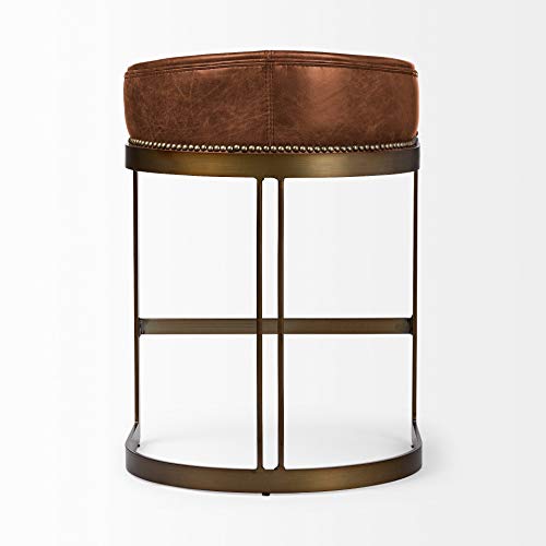 Unknown1 29" Brown Leather Seat Gold Metal Stool with Antique Finish