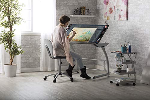 SD STUDIO DESIGNS Triflex Drawing Table, Sit to Stand Up Adjustable Office Home Computer Desk, 35.25" W X 23.5" D, Silver/Blue Glass