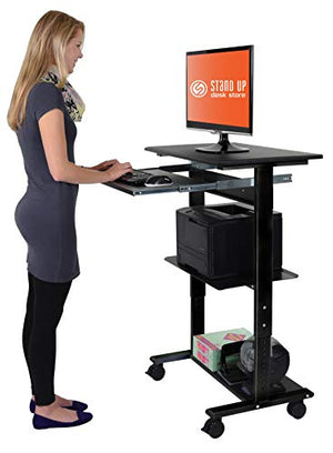 Stand Up Desk Store Mobile Rolling Adjustable Height Standing Workstation with Printer Shelf and Slideout Keyboard Tray (Black Frame/Black Top, 30" Wide)