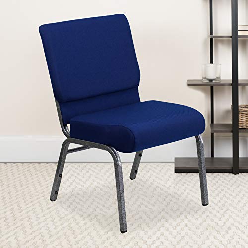 EMMA + OLIVER Stacking Church Chair 4 Pack 21" W Navy Blue Fabric - Silver Vein Frame