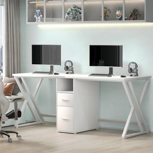 LVB Large 2 Person White Computer Desk with File Cabinet and Storage Shelf
