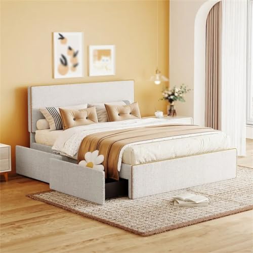 Upholstered Platform Bed with 4 Drawers & Golden Edge, Full Size - Bedroom Furniture