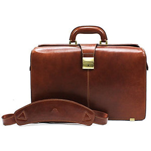 Tony Perotti Mens Italian Bull Leather Benevento Double Compartment Lawyer's Leather Laptop Briefcase in Cognac