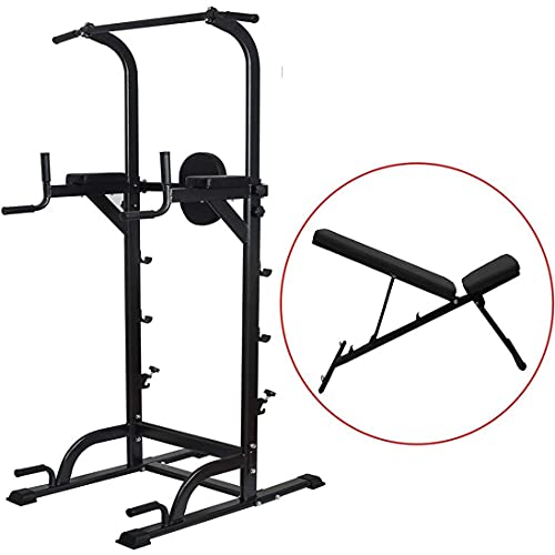 baodanla Power Tower with Weight Bench, Pull Up Bar Dip Station, Height Adjustable Pull Up Tower for Home Gym Strength Training Exercise Workout Equipment, Support Up to 400LBS