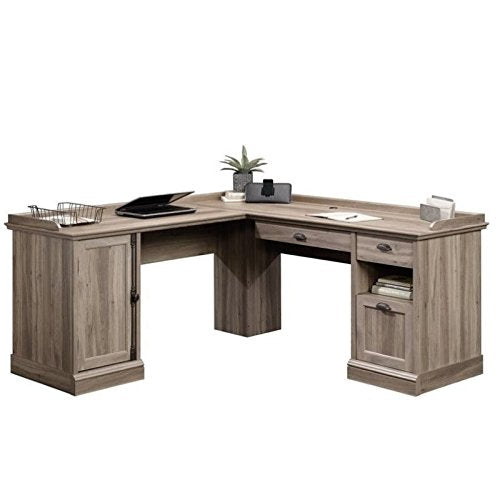 Pemberly Row Home Office L Shaped Corner Desk with Computer Tower Storage Salt Oak Finish