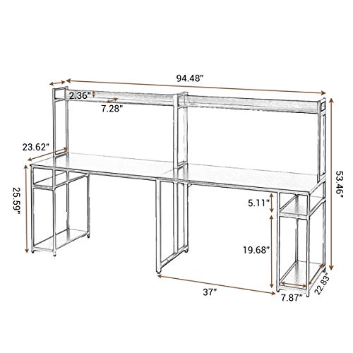 Goujxcy 2 Person Computer Desk with Hutch and Shelves,Multifunction 94 Inches Writing Workstation Desk for Home Office