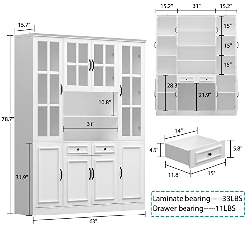 Homsee Tall Bookcase Bookshelf with Storage Shelves, Drawers, Glass Doors - White (63" W x 15.7" D x 78.7" H)
