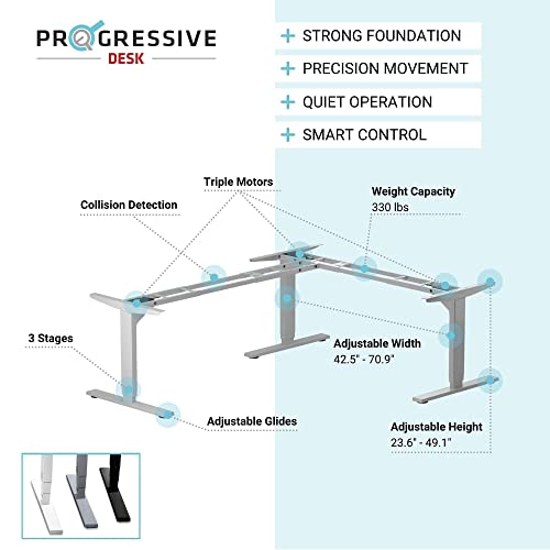Progressive Automations L Shaped Height Adjustable Standing Desk 78" x 48" - Electric Stand Up Corner Computer Desk - White Frame/Gray Oak Top