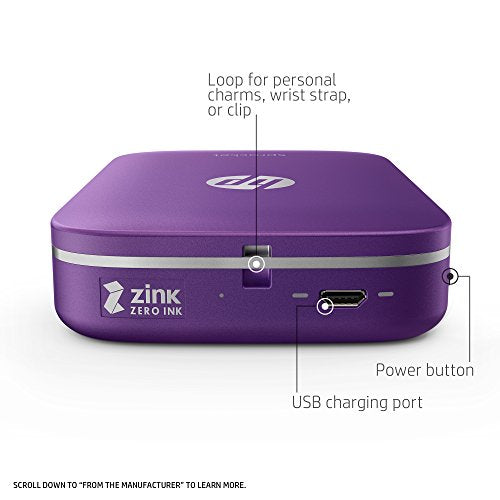 HP Sprocket Portable Photo Printer, Print Social Media Photos on 2x3 Sticky-Backed Paper - Purple (Z9L25A)