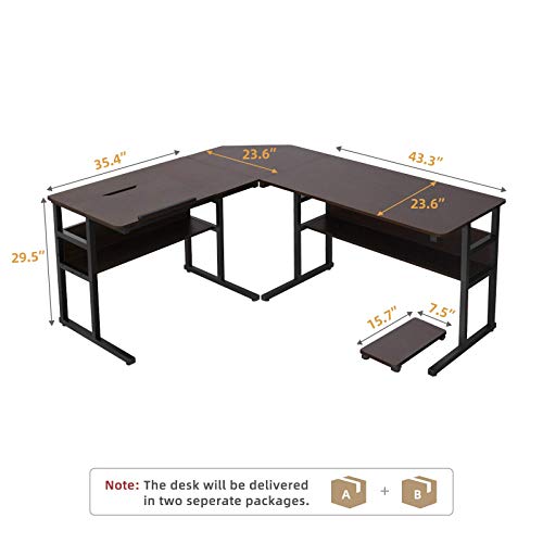 YITAHOME Tiltable Modern L-Shaped Computer Desk with Bookshelf, 67 inch Double Workstation Corner Studying Desk Drafting Drawing Gaming Table for Office Home, Walnut