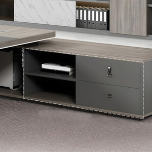 KWOKING Gray L-Shape Executive Desk with Drawers & Shelving - Office Furniture 87" x 63" x 29.5