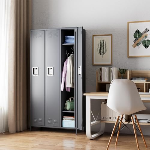 SUXXAN 3 Doors Storage Locker Combination with 6 Hooks, Metal Locker for School Office Gym - W35.43*D15.7*H72 (Dark Grey)