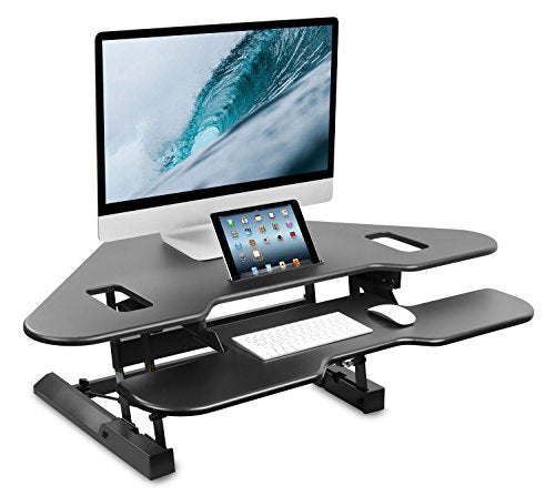 Mount-It! Corner Standing Desk Converter | Height Adjustable 48” Wide Desktop | Corner Stand Up Desk with Gas Spring Handle | Stand Up Computer Workstation with Ergonomic Keyboard Tray | Black