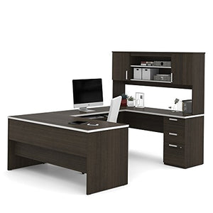 Bestar Ridgeley U-Shaped Executive Desk with Pedestal and Hutch, 65W, Dark Chocolate