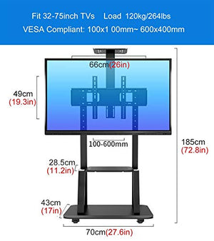Generic Mobile TV Floor Stand/Cart - Fits 32-75 Inch TV - Universal Display Stand with Wheels & Camera Shelf - 120Kg Load