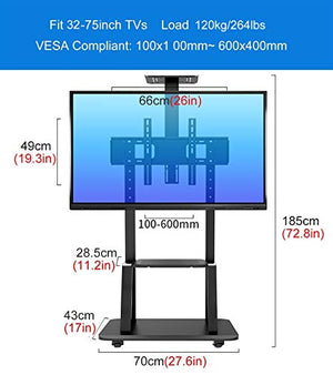 SSZY Black Mobile TV Floor Stand/Cart, Fits 32-75 Inch TV, Universal Display Stand with Wheels & AV Camera Shelf, 120kg Load