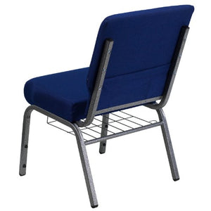 Flash Furniture 4 Pack HERCULES Series Church Chair Navy Blue Fabric Cup Book Rack Silver Vein Frame