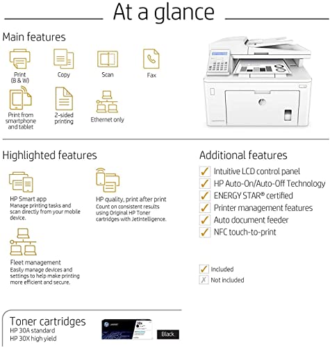 HP Laserjet Pro M227fdn Monochrome All in One Laser Printer, Auto 2-Sided Printing, Mobile Wireless Print, Copy&Fax&Print&Scan, 2" LCD Display, 1200 x 1200 DPI, 30ppm, Ethernet, with Printer Cable
