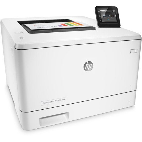 HP Color Laserjet Pro M452dw Laser Printer (CF394A) with Power Strip Surge Protector and Electronics Basket Microfiber Cleaning Cloth